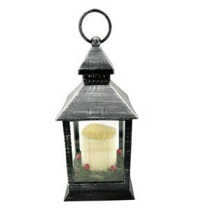 Christmas Lantern With LED Candle Black Silver Plastic Battery Operated WORKS